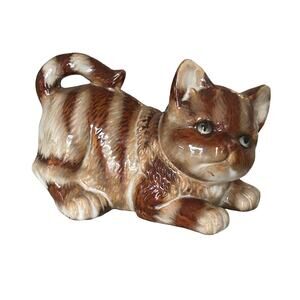 Vintage Cat Kitty Ceramic Cute Orange Tabby Cat w/ Yellow Stripes Figurine